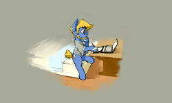 Size: 5000x3000 | Tagged: safe, artist:blue ink, derpibooru import, oc, oc only, oc:blue ink, earth pony, pony, bed, clothes, computer, desk, drawing tablet, glasses, laptop computer, male, shirt, sitting, solo, stallion, stylus