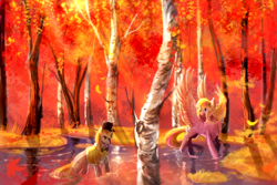 Size: 3000x2000 | Tagged: safe, artist:aquagalaxy, derpibooru import, oc, oc only, pegasus, pony, unicorn, autumn, birch, blue eyes, bowtie, clothes, color porn, crepuscular rays, duo, eye contact, falling leaves, forest, grass, gray coat, hat, high res, horn, in water, legs in the water, looking at each other, maple, oc name needed, open mouth, open smile, outdoors, pegasus oc, pink coat, scenery, scenery porn, shirt, smiling, spread wings, standing in water, tail, top hat, tree, unicorn oc, water, wings, yellow mane, yellow tail