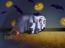 Size: 2732x2048 | Tagged: safe, artist:blue ink, derpibooru import, oc, oc:blue ink, bedsheet ghost, bucket, candy, clothes, costume, food, halloween, holiday, nightmare night, pumpkin, scared