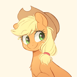 Size: 679x672 | Tagged: safe, artist:higglytownhero, derpibooru import, applejack, earth pony, pony, bust, chest fluff, cute, female, jackabetes, mare, simple background, smiling, solo