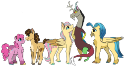 Size: 1280x686 | Tagged: safe, artist:birbnerd17, derpibooru import, cheese sandwich, discord, fluttershy, pinkie pie, princess skystar, bird, draconequus, earth pony, pegasus, my little pony: the movie, alternate design, alternate universe, female, implied cheesepie, implied discoshy, implied lesbian, implied shipping, implied straight, interspecies, male, polyamory, simple background, story included, transparent background