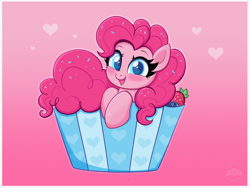 Size: 4000x3000 | Tagged: safe, artist:confetticakez, derpibooru import, pinkie pie, earth pony, pony, berry, bust, colored pupils, cupcake, cute, diapinkes, female, food, heart, heart eyes, high res, looking at you, mare, open mouth, open smile, smiling, solo, sprinkles, strawberry, wingding eyes