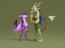 Size: 2732x2048 | Tagged: safe, artist:blue ink, derpibooru exclusive, derpibooru import, discord, twilight sparkle, draconequus, angry, antlers, beard, draconequified, duo, facial hair, female, gritted teeth, high res, male, shadow, species swap, tail, tail hand, thumbs up, twikonequus, twilight is not amused, unamused