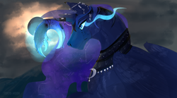 Size: 5020x2798 | Tagged: safe, artist:tokyo-m00n, derpibooru import, princess luna, alicorn, pony, blue eyes, clothes, cloud, colored pupils, ethereal mane, eye, eyes, feather, female, flowing mane, glowing, horn, moon, moonlight, mountain, night, signature, solo, sombra eyes, starry mane, wings