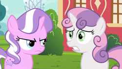 Size: 1920x1080 | Tagged: safe, derpibooru import, edit, edited screencap, editor:computershit, screencap, diamond tiara, sweetie belle, pony, unicorn, female, filly, foal, race swap