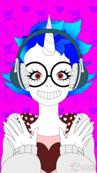 Size: 480x853 | Tagged: safe, artist:maria lovehearts, derpibooru import, dj pon-3, vinyl scratch, human, clothes, glasses, hoodie, horn, horned humanization, humanized, smiley face