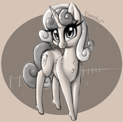 Size: 1400x1394 | Tagged: safe, artist:llametsul, derpibooru import, sweetie belle, pony, unicorn, chest fluff, cute, eyelashes, female, fence, fluffy, looking at you, mare, monochrome, older, older sweetie belle, signature, sketch, smiling, solo