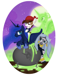 Size: 3825x4950 | Tagged: safe, artist:nowego, derpibooru import, nightmare moon, pipsqueak, princess luna, zecora, alicorn, earth pony, zebra, luna eclipsed, absurd resolution, cauldron, duality, moon, night, nightmare night