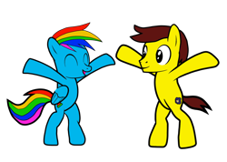 Size: 1280x913 | Tagged: safe, artist:onebigbarbarian, derpibooru import, oc, oc:button rush, oc:johnny, earth pony, pegasus, 2022 community collab, bipedal, derpibooru community collaboration, duo, eyes closed, male, not rainbow dash, open mouth, simple background, transparent background