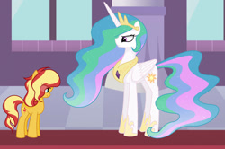 Size: 1280x851 | Tagged: safe, artist:winter-scarf, derpibooru import, princess celestia, sunset shimmer, alicorn, pony, unicorn, better together, equestria girls, forgotten friendship, carpet, crown, fear, female, forgiveness, jewelry, mare, necklace, red carpet, regalia, remorse, reunion, the prodigal sunset