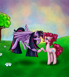 Size: 900x1000 | Tagged: safe, artist:ketrin0cat, derpibooru import, pinkie pie, twilight sparkle, twilight sparkle (alicorn), alicorn, earth pony, pony, alternate hairstyle, eye contact, female, flower, flying, grass, lesbian, looking at each other, mare, shipping, sky, smiling, touching hooves, tree, twinkie, wings