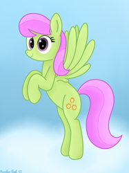Size: 3016x4032 | Tagged: safe, artist:rainbowšpekgs, derpibooru import, merry may, pegasus, pony, background pony, cloud, female, flying, high res, looking at you, mare, sky, smiling, smiling at you, solo, spread wings, tail, two toned mane, two toned tail, wings