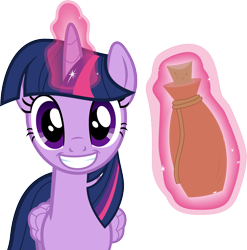 Size: 6096x6179 | Tagged: safe, artist:itv-canterlot, derpibooru import, twilight sparkle, twilight sparkle (alicorn), alicorn, pony, what about discord?, .ai available, .svg available, absurd resolution, cute, female, glowing, glowing horn, grin, horn, levitation, looking at you, magic, magic potion, mare, potion, simple background, smiling, smiling at you, solo, staring into your soul, telekinesis, transparent background, twiabetes, vector