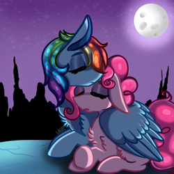 Size: 1000x1000 | Tagged: safe, artist:vale-bandicoot96, derpibooru import, pinkie pie, rainbow dash, earth pony, pegasus, pony, cuddling, eyes closed, female, hug, lesbian, mare, moon, night, pinkiedash, shipping, sleeping, stars, winghug, wings