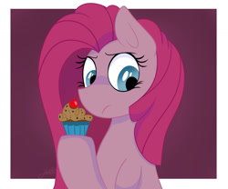 Size: 1024x854 | Tagged: safe, artist:vale-bandicoot96, derpibooru import, pinkie pie, earth pony, pony, fanfic:cupcakes, bust, cherry, cupcake, female, food, frown, holding, mare, pinkamena diane pie, solo