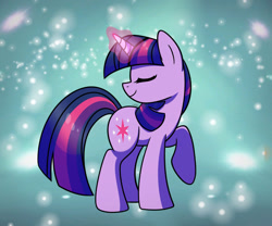 Size: 1024x854 | Tagged: safe, artist:vale-bandicoot96, derpibooru import, twilight sparkle, unicorn twilight, pony, unicorn, eyes closed, female, glowing, glowing horn, horn, magic, mare, multicolored mane, multicolored tail, raised hoof, raised leg, smiling, solo, standing, stars, tail, telekinesis, the cosmos