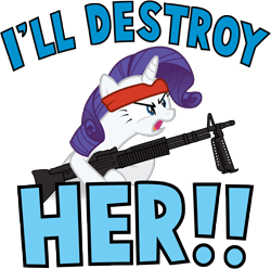 Size: 10000x9912 | Tagged: safe, artist:sirhcx, derpibooru import, rarity, pony, unicorn, absurd resolution, angry, bipedal, crossover, female, gun, headband, holding, i'll destroy her, m60, machine gun, mare, open mouth, quote, rambo, simple background, solo, transparent background, weapon