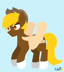 Size: 1380x1545 | Tagged: safe, artist:samsailz, oc, oc only, oc:acres, earth pony, human, pony, blonde, blonde mane, blonde tail, blue background, brown coat, carrying, coat markings, cowboy hat, earth pony oc, hand, hold x gentle like hamburger, holding a pony, lifting, male, signature, simple background, socks (coat marking), solo, stallion