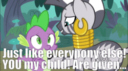 Size: 960x539 | Tagged: safe, edit, edited screencap, editor:undeadponysoldier, screencap, spike, zecora, dragon, zebra, molt down, animated, confident, destiny, duo, ear piercing, earring, everfree forest, female, gif, hoof on chest, image macro, in character, jewelry, male, mare, neck rings, piercing, response, rhyme, rhyming, ring, smiling, spikelove, text