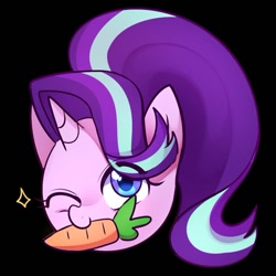 Size: 680x681 | Tagged: safe, artist:maren, derpibooru import, starlight glimmer, pony, unicorn, black background, carrot, female, food, mare, mouth hold, one eye closed, simple background, solo