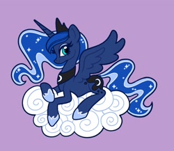 Size: 2048x1780 | Tagged: safe, artist:squididdlee, derpibooru import, princess luna, alicorn, pony, cloud, crown, cute, female, jewelry, lunabetes, lying down, mare, on a cloud, profile, prone, purple background, regalia, simple background, solo, spread wings, wings