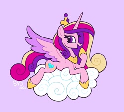 Size: 2045x1855 | Tagged: safe, artist:squididdlee, derpibooru import, princess cadance, alicorn, pony, cloud, crown, cute, cutedance, female, jewelry, lying down, mare, on a cloud, open mouth, profile, prone, purple background, regalia, simple background, solo