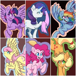 Size: 2048x2048 | Tagged: safe, artist:twisted-sketch, derpibooru import, applejack, fluttershy, pinkie pie, rainbow dash, rarity, twilight sparkle, twilight sparkle (alicorn), alicorn, earth pony, pegasus, pony, unicorn, balloon, chest fluff, colored pupils, ear fluff, ears, eye clipping through hair, eyebrows, eyebrows visible through hair, fabric, female, high res, looking at you, magic, mane six, mare, open mouth, smiling, smiling at you, spread wings, telekinesis, wings