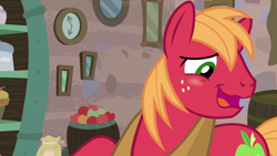 Size: 1280x720 | Tagged: safe, derpibooru import, screencap, big macintosh, earth pony, pony, hard to say anything, season 7, big macintosh's yoke, blushing, cute, embarrassed, embarrassed grin, horse collar, macabetes, male, solo, stallion, yoke