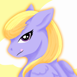 Size: 300x300 | Tagged: safe, artist:cmrowka, derpibooru import, cloud kicker, pegasus, pony, female, icon, licking, licking lips, looking at you, simple background, tongue, tongue out, yellow background