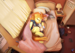 Size: 1920x1362 | Tagged: safe, artist:brainiac, artist:captainhoers, derpibooru import, spitfire, oc, oc:concorde, pony, collaboration, baby, baby pony, bed, cute, digital art, digital painting, duo, female, filly, firestarter spitfire, foal, frog (hoof), link in description, mare, mother and child, mother and daughter, offspring, overhead view, pacifier, parent and child, parent:soarin', parent:spitfire, parents:soarinfire, underhoof
