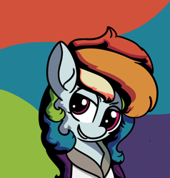 Size: 2480x2608 | Tagged: safe, artist:hymyt2, derpibooru import, rainbow dash, pegasus, pony, alternate hairstyle, blue coat, female, looking at you, mare, multicolored background, multicolored mane, smiling, solo