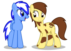 Size: 4000x2850 | Tagged: safe, alternate version, artist:strategypony, derpibooru import, oc, oc only, oc:sandy sweet, oc:sirius, earth pony, pegasus, pony, 2022 community collab, derpibooru community collaboration, duo, duo female, earth pony oc, female, looking at each other, mare, mottled coat, pegasus oc, simple background, tail, transparent background, two toned mane, two toned tail