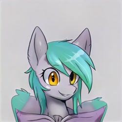 Size: 1024x1024 | Tagged: safe, artist:thisponydoesnotexist, derpibooru import, pegasus, pony, book, gray background, neural network, simple background
