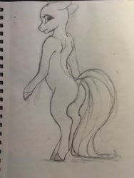 Size: 1536x2048 | Tagged: safe, artist:miokomata, derpibooru import, pony, bipedal, butt, grayscale, looking at you, looking back, looking back at you, monochrome, pencil drawing, plot, solo, traditional art