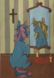 Size: 1125x1613 | Tagged: safe, artist:alexsvnn, derpibooru import, oc, oc only, earth pony, pony, candle, mirror, pentagram, solo