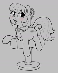 Size: 1287x1608 | Tagged: safe, artist:heretichesh, derpibooru import, coco pommel, earth pony, pony, blushing, cocobetes, cute, eye clipping through hair, female, gray background, grayscale, mare, monochrome, neo noir, open mouth, open smile, partial color, pommel horse, pun, simple background, smiling, solo, sweat, sweatdrop, visual pun