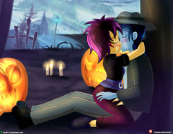 Size: 1500x1159 | Tagged: safe, artist:dieart77, derpibooru import, sunset shimmer, oc, better together, costume conundrum, equestria girls, blushing, candle, canon x oc, clothes, commission, duo, eyes closed, female, fence, halloween, holiday, jack-o-lantern, kissing, male, pants, pumpkin, streetlight