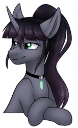 Size: 997x1629 | Tagged: safe, artist:zahsart, derpibooru import, oc, oc only, oc:kasimira edeltraud, pony, unicorn, choker, crystal, jewelry, pendant, simple background, smiling, solo, white background