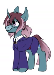 Size: 1106x1540 | Tagged: safe, artist:zahsart, derpibooru import, oc, oc only, pony, unicorn, clothes, curved horn, glasses, horn, simple background, smiling, solo, white background