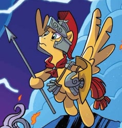 Size: 428x449 | Tagged: safe, artist:tonyfleecs, derpibooru import, idw, flash magnus, pegasus, pony, spoiler:comiclom12, male, netitus, shield, spear, stallion, weapon