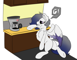 Size: 3840x3000 | Tagged: safe, artist:beigedraws, derpibooru import, oc, oc:misty, pegasus, pony, chest fluff, coffee machine, ear fluff, ears, simple background, solo, transparent background