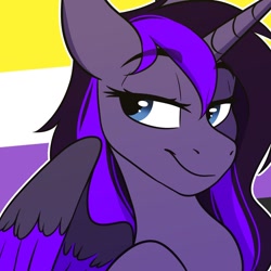 Size: 1200x1200 | Tagged: safe, artist:zahsart, derpibooru import, oc, oc only, alicorn, pony, alicorn oc, horn, lidded eyes, pride, pride flag, smiling, solo, spread wings, wings