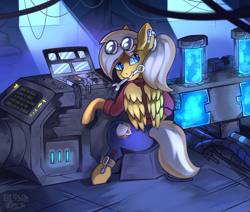 Size: 1300x1100 | Tagged: safe, artist:freak-side, derpibooru import, oc, oc only, pegasus, pony, clothes, goggles, machine, pants, repairing, shirt, solo, wrench