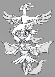 Size: 1000x1406 | Tagged: safe, derpibooru import, oc, oc:sunset cloudy, bat pony, phoenix, bat pony oc, glasses, ice phoenix, magical girl, monochrome