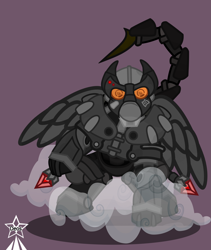 Size: 4245x5021 | Tagged: safe, artist:devorierdeos, derpibooru import, oc, oc only, pegasus, pony, fallout equestria, armor, cloud, enclave, enclave armor, grand pegasus enclave, helmet, landing, laser rifle, pegasus oc, power armor, scorpion tail, simple background, suspension of dust, tail, trooper