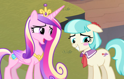 Size: 794x506 | Tagged: safe, artist:queenderpyturtle, derpibooru import, edit, edited screencap, screencap, coco pommel, princess cadance, pony, blushing, cocodance, crack shipping, ears, female, floppy ears, lesbian, shipping