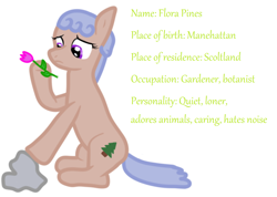 Size: 1036x737 | Tagged: safe, artist:adusak, derpibooru exclusive, derpibooru import, oc, oc only, oc:flora pines, earth pony, pony, amateur, curly hair, curly mane, cutie mark, description, flower, low quality, low quality art, sad, short mane, simple background, solo, stone, text, tulip, white background