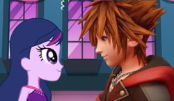 Size: 720x417 | Tagged: safe, artist:wavebreeze234, derpibooru import, twilight sparkle, equestria girls, crossover, disney, eyelashes, female, indoors, kingdom hearts, male, sora, straight