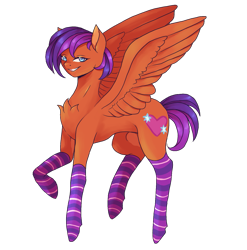 Size: 1423x1440 | Tagged: safe, artist:clown-bread, derpibooru import, oc, oc only, pegasus, pony, chest fluff, clothes, pegasus oc, raised hoof, raised leg, simple background, smiling, socks, striped socks, transparent background, wings