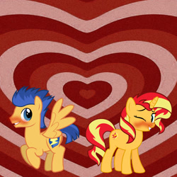 Size: 1080x1080 | Tagged: safe, artist:themexicanpunisher, derpibooru import, flash sentry, sunset shimmer, pony, blushing, female, flashimmer, grin, looking at each other, looking back, male, one eye closed, shipping, smiling, straight, the powerpuff girls, wink